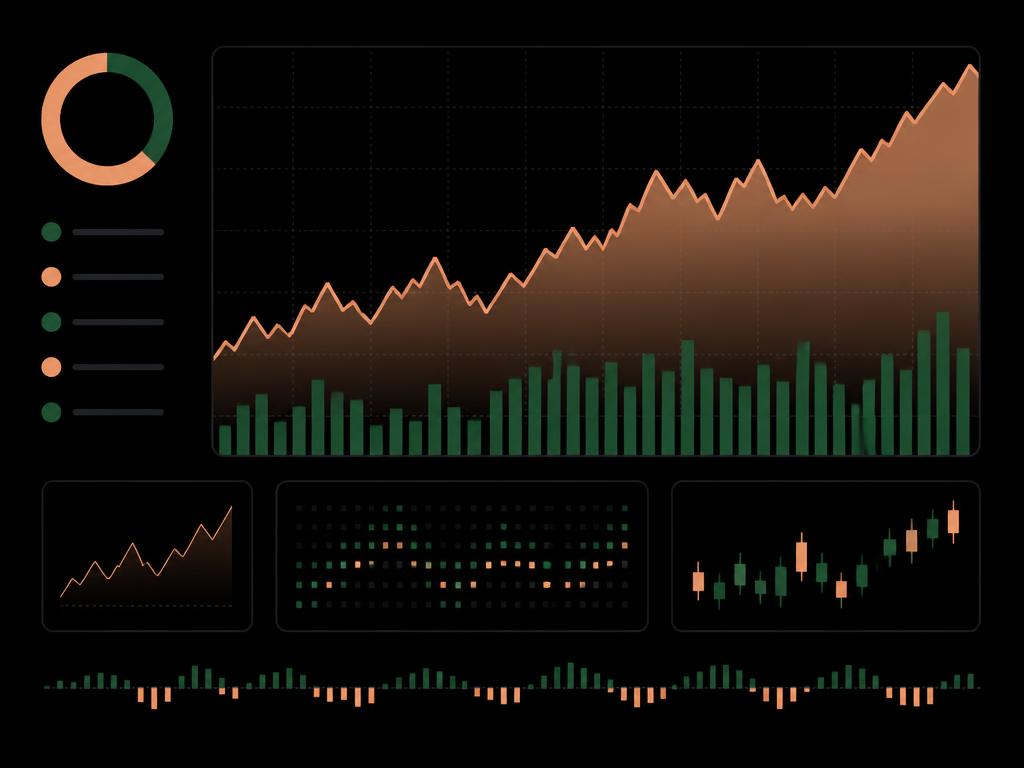 Simulated trading dashboard with charts and performance bars